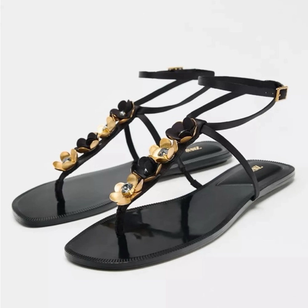 Zara Black and Gold Floral T-Strap Sandals